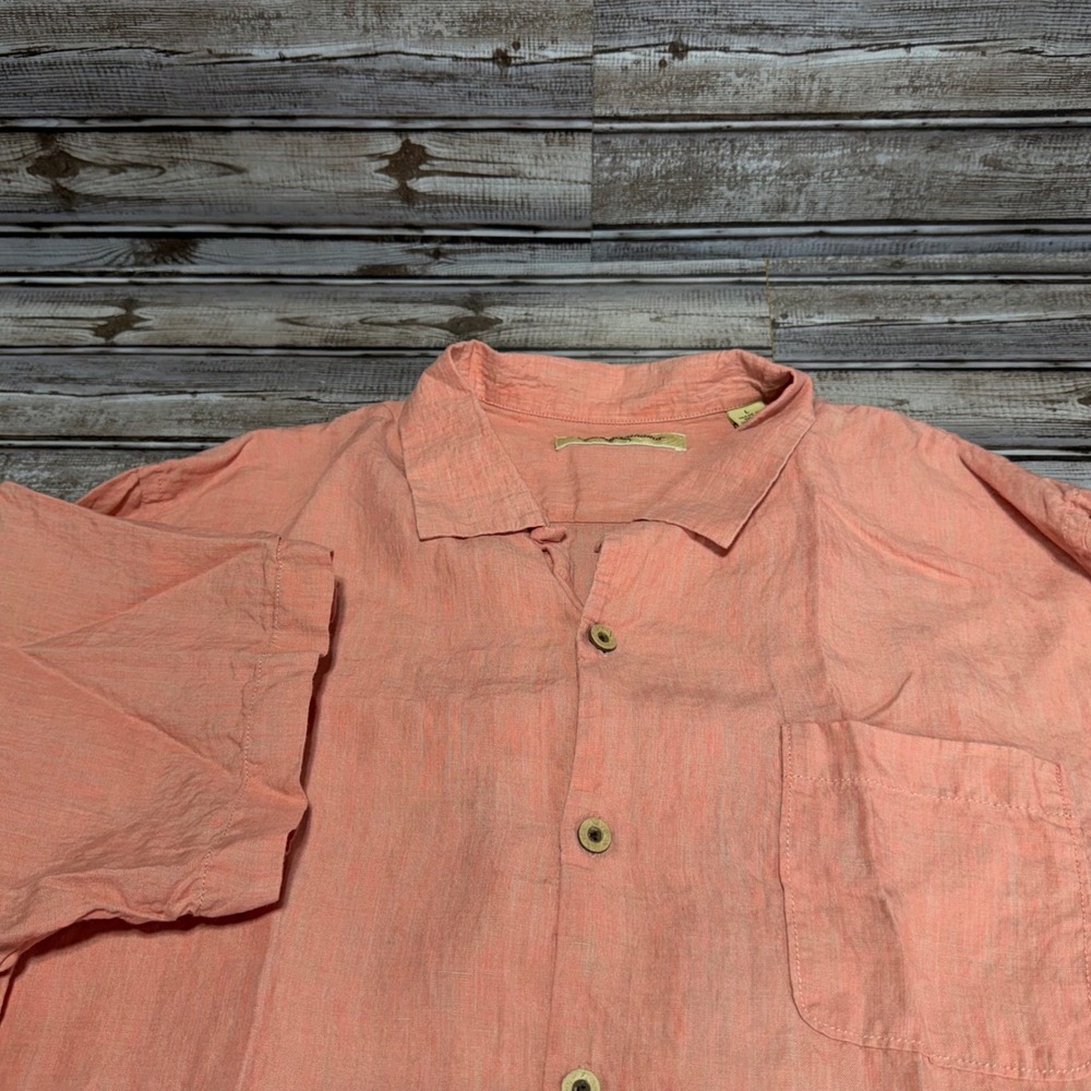 Tommy Bahama Button Up Shirt Mens Large Pink 100% Linen Short Sleeve Pocket